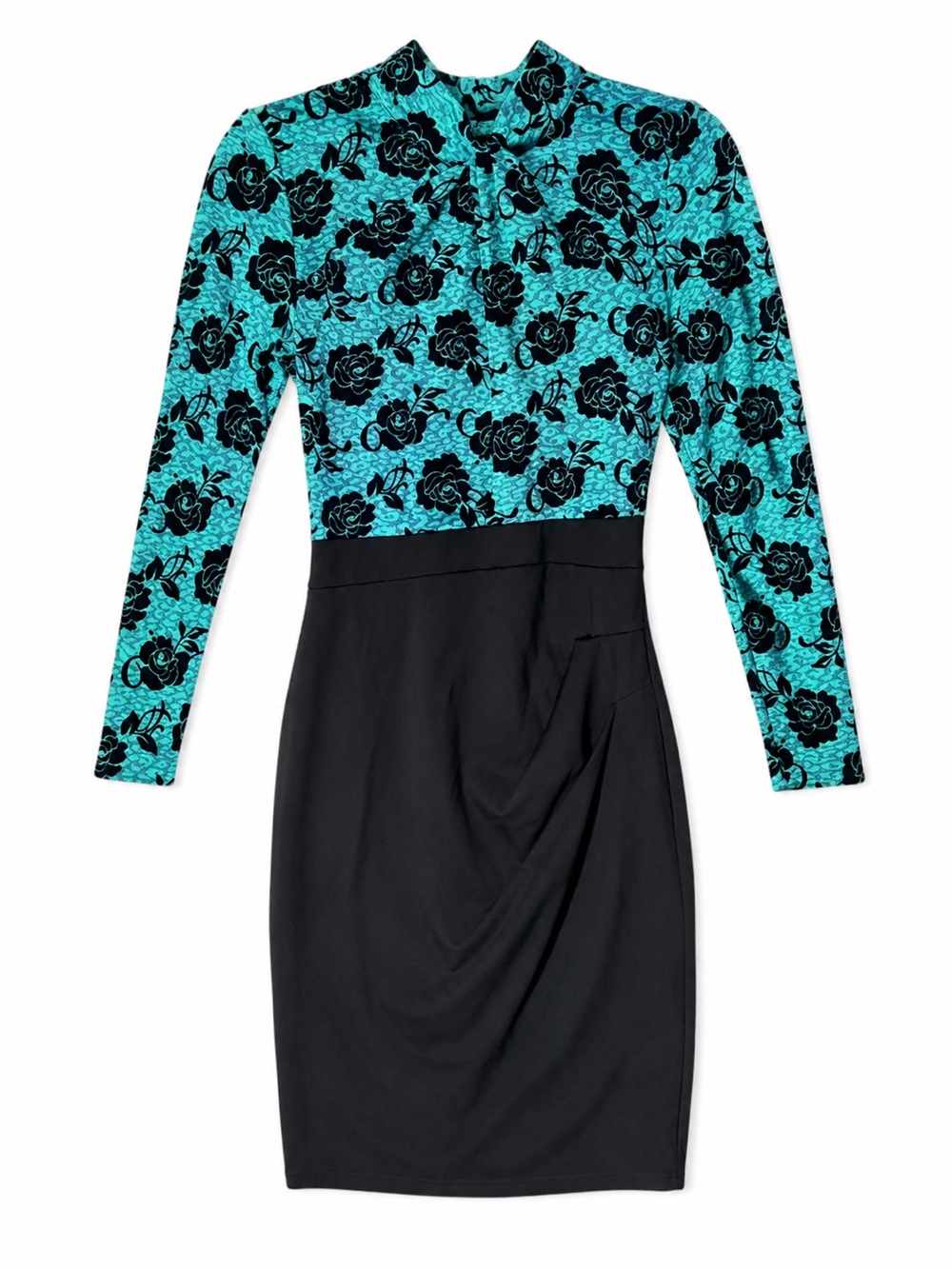 Tie-Neck Floral Bodice Long-Sleeve Dress in Teal and Black - Women